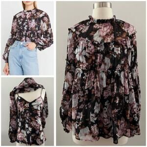Anthropologie O.P.T Floral Ruffle Blouse Cami Long Sleeve Modest Black Small NWT
